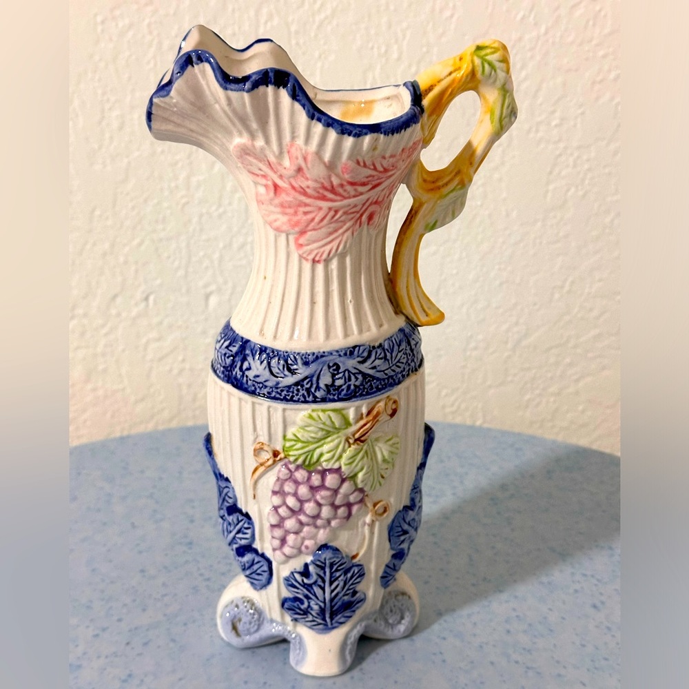 Vintage Vestal Vase Pitcher Ceramic Grapes Fleur-de-lis